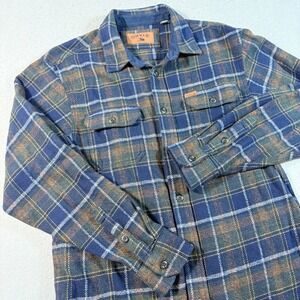 Orvis Mens Medium Blue Green Plaid Flannel Button Down Shirt with Side‎ Pockets
